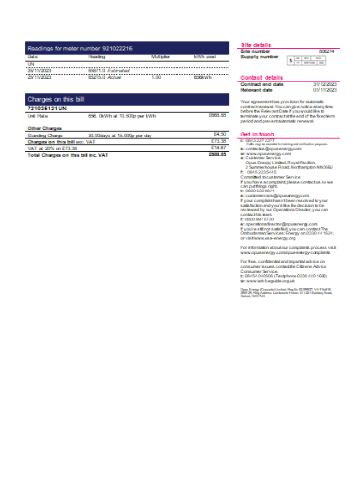 Download Opus Energy electricity utility business bill,  page 2, SCR Photoshop template